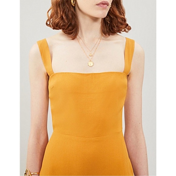 REFORMATION Goldenrod Crepe Square Neck Slim Fit Side Slit Midi Sheath Dress 0 - Picture 5 of 8